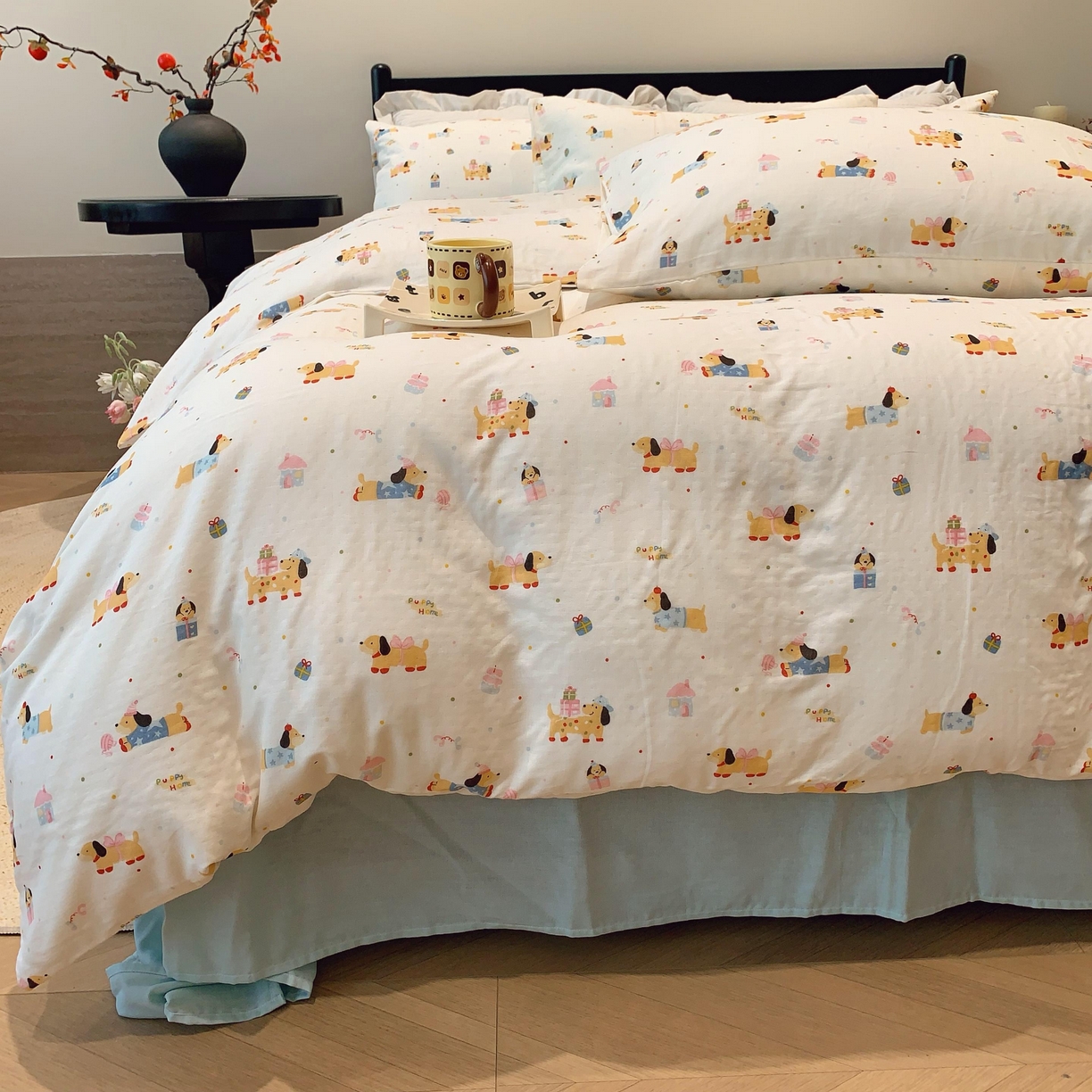 91家纺网 家纺一手货源 找家纺 莱豫家纺 2025新款亲肤舒适双层纱四件套 礼物狗狗