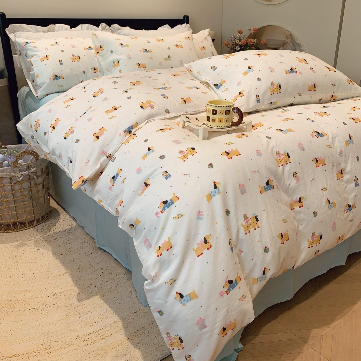 91家纺网 家纺一手货源 找家纺 莱豫家纺 2025新款亲肤舒适双层纱四件套 礼物狗狗