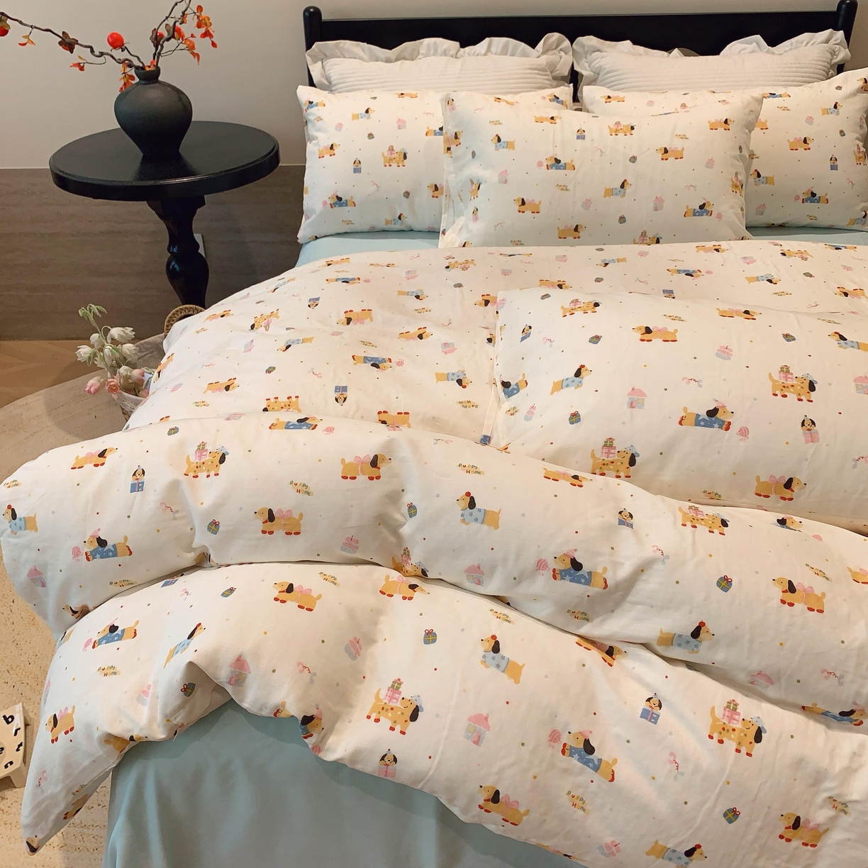 91家纺网 家纺一手货源 找家纺 莱豫家纺 2025新款亲肤舒适双层纱四件套 礼物狗狗