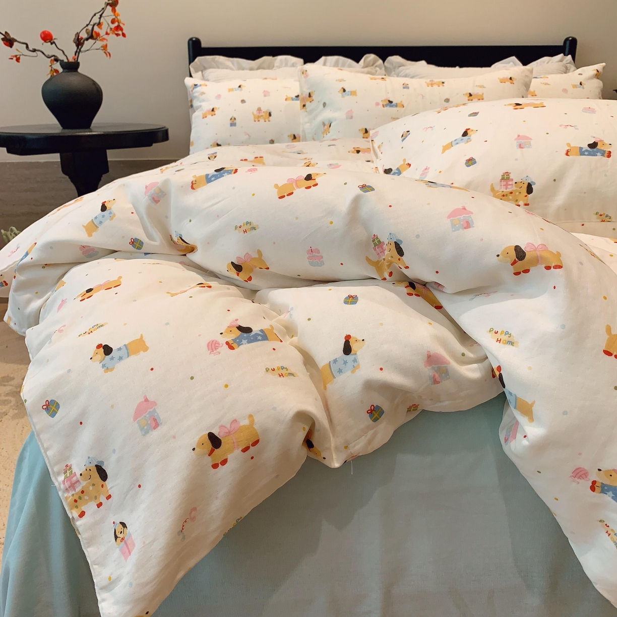 91家纺网 家纺一手货源 找家纺 莱豫家纺 2025新款亲肤舒适双层纱四件套 礼物狗狗