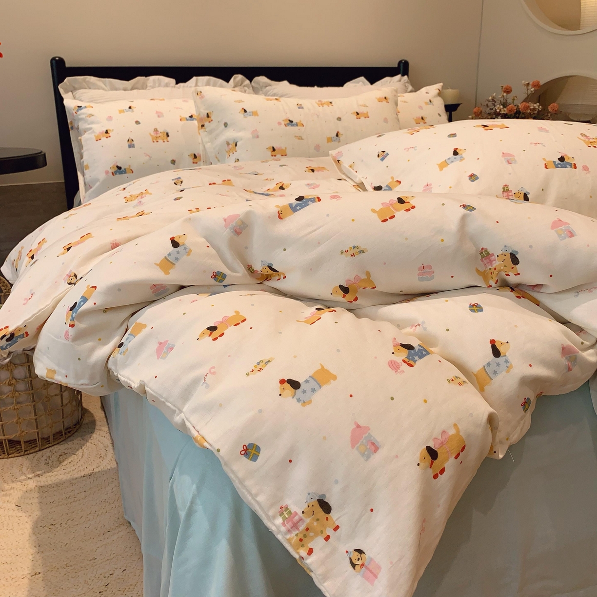 91家纺网 家纺一手货源 找家纺 莱豫家纺 2025新款亲肤舒适双层纱四件套 礼物狗狗