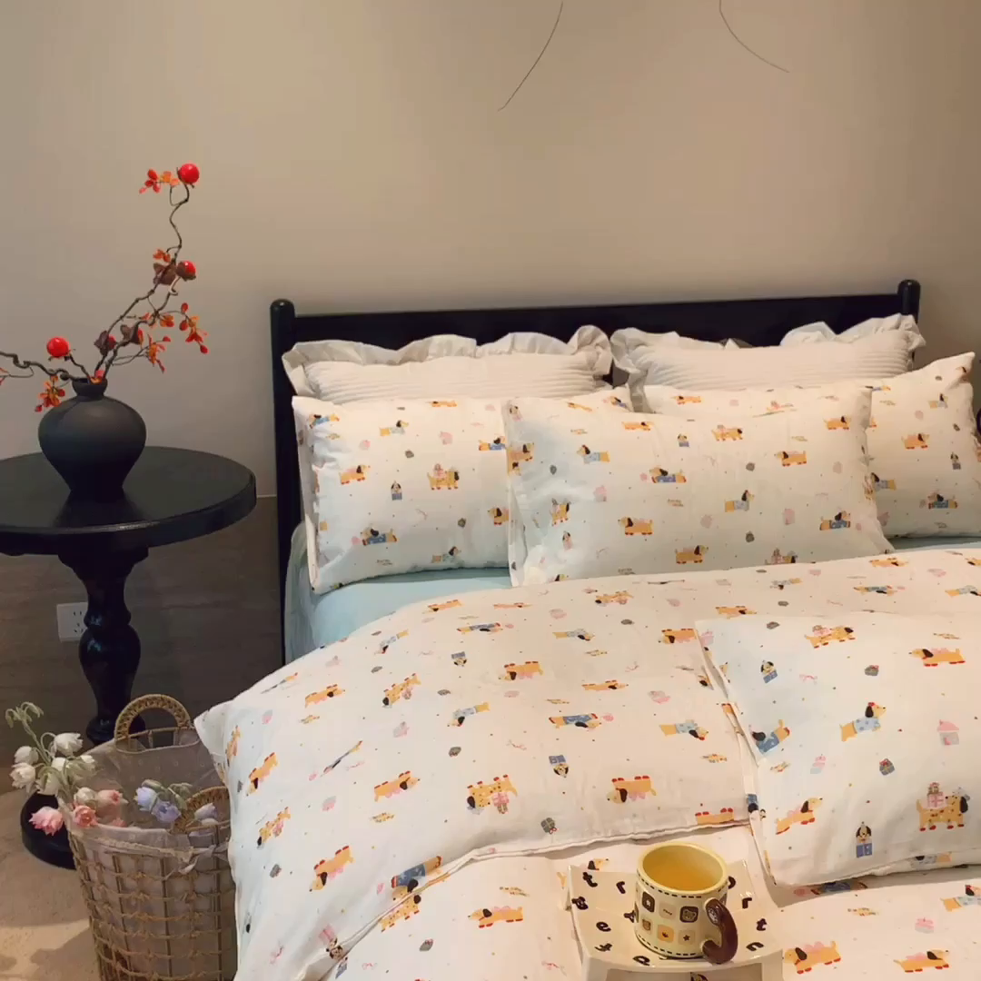 91家纺网 家纺一手货源 找家纺 莱豫家纺 2025新款亲肤舒适双层纱四件套 礼物狗狗