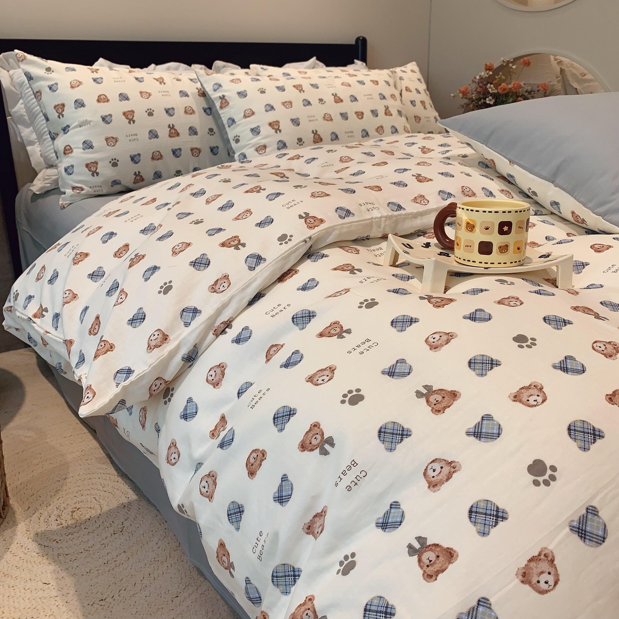 91家纺网 家纺一手货源 找家纺 莱豫家纺 2025新款亲肤舒适双层纱四件套 绅士熊