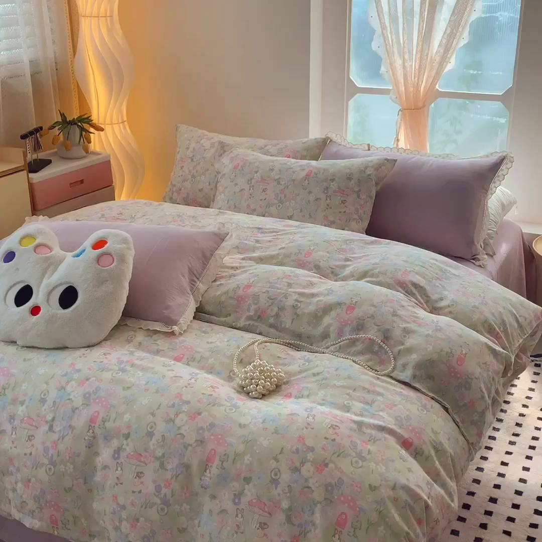 91家纺网 家纺一手货源 找家纺 莱豫家纺 2025新款亲肤舒适双层纱四件套 童话镇