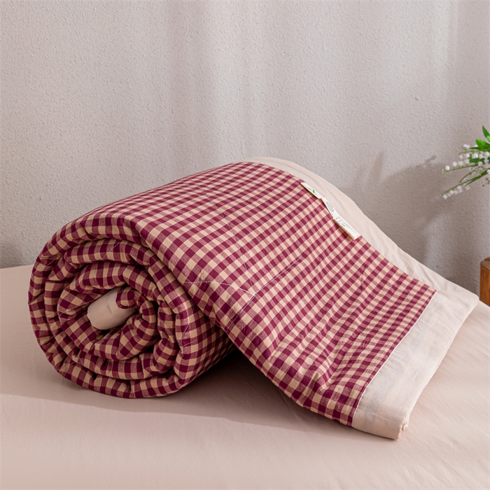 91家纺网 家纺一手货源 找家纺 天瑜家纺 2025新款色织全棉水洗棉棉花夏被 红咖小格