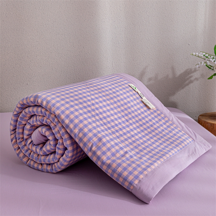 91家纺网 家纺一手货源 找家纺 天瑜家纺 2025新款色织全棉水洗棉棉花夏被 粉紫小格