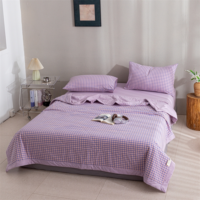 91家纺网 家纺一手货源 找家纺 天瑜家纺 2025新款色织全棉水洗棉棉花夏被 粉紫小格