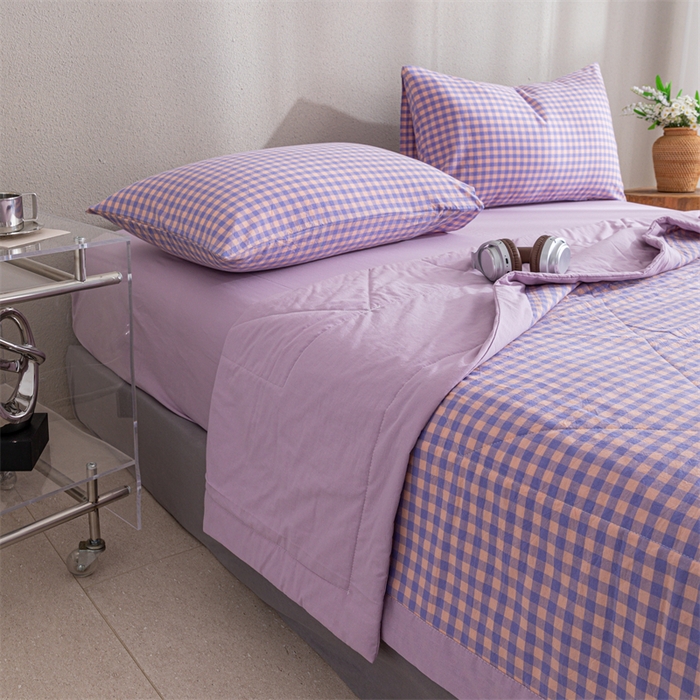 91家纺网 家纺一手货源 找家纺 天瑜家纺 2025新款色织全棉水洗棉棉花夏被 粉紫小格