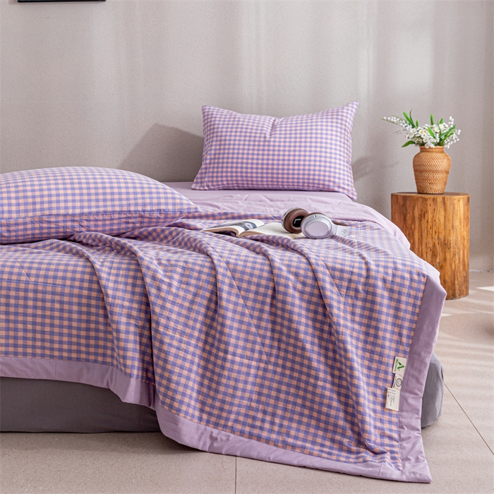 91家纺网 家纺一手货源 找家纺 天瑜家纺 2025新款色织全棉水洗棉棉花夏被 粉紫小格