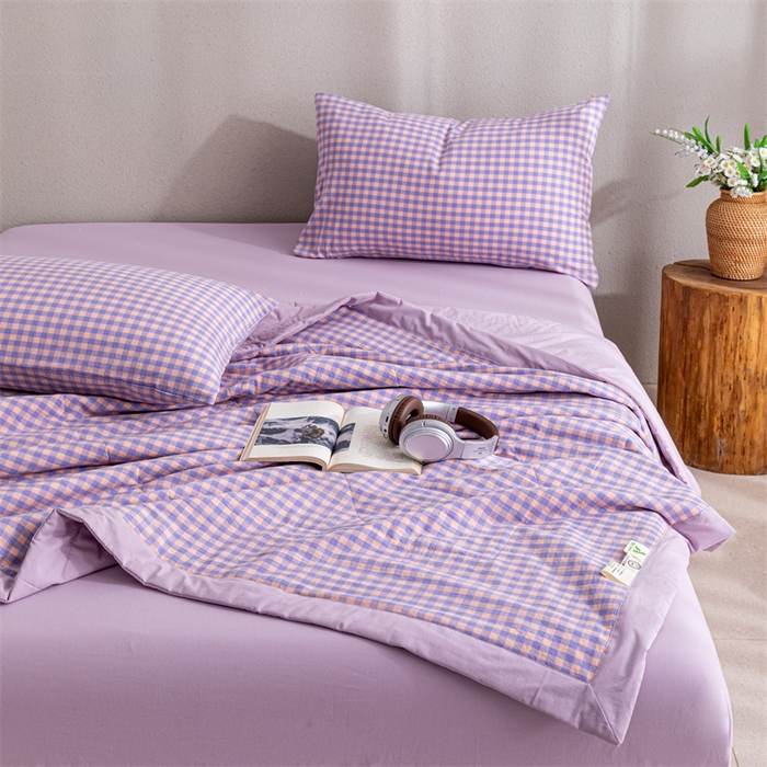 91家纺网 家纺一手货源 找家纺 天瑜家纺 2025新款色织全棉水洗棉棉花夏被 粉紫小格