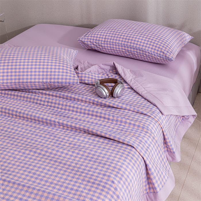 91家纺网 家纺一手货源 找家纺 天瑜家纺 2025新款色织全棉水洗棉棉花夏被 粉紫小格