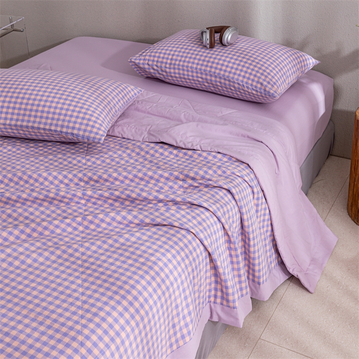 91家纺网 家纺一手货源 找家纺 天瑜家纺 2025新款色织全棉水洗棉棉花夏被 粉紫小格