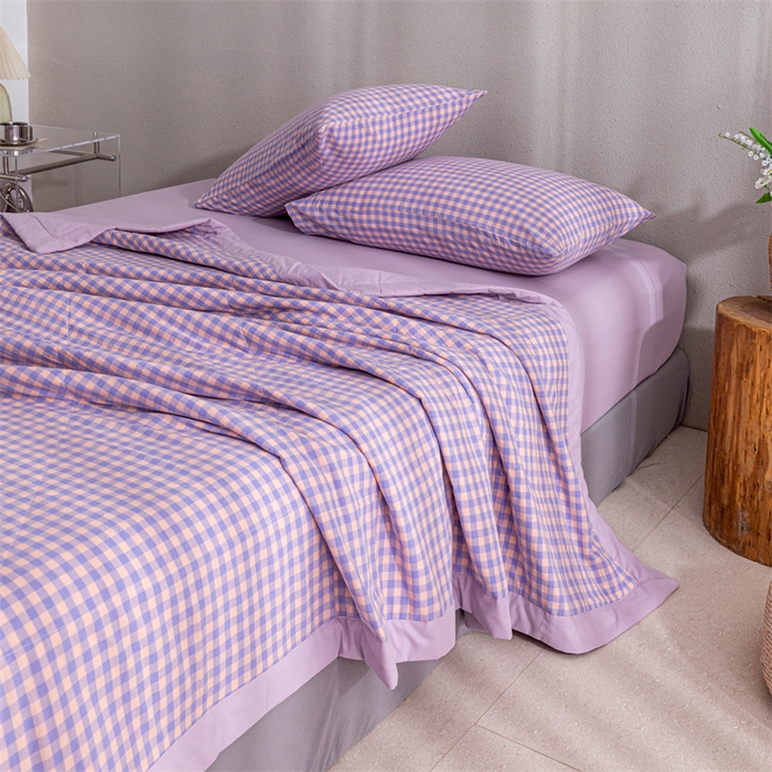 91家纺网 家纺一手货源 找家纺 天瑜家纺 2025新款色织全棉水洗棉棉花夏被 粉紫小格