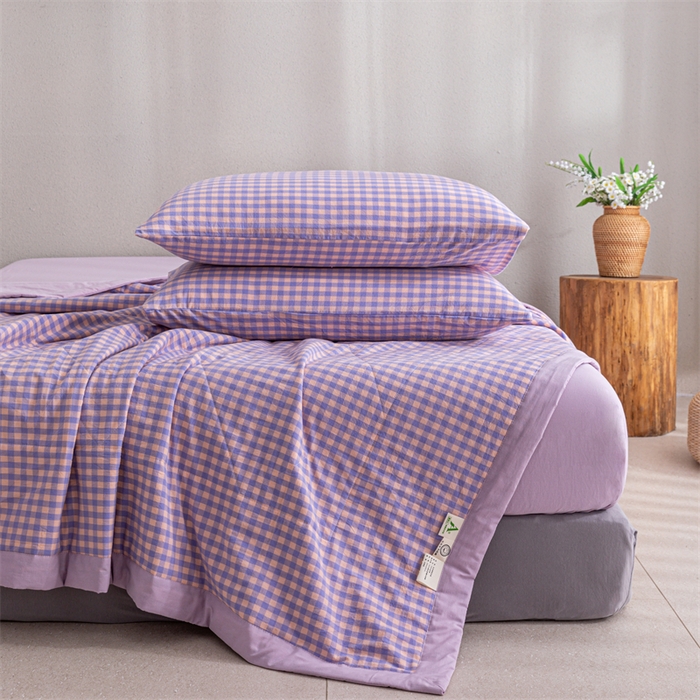 91家纺网 家纺一手货源 找家纺 天瑜家纺 2025新款色织全棉水洗棉棉花夏被 粉紫小格