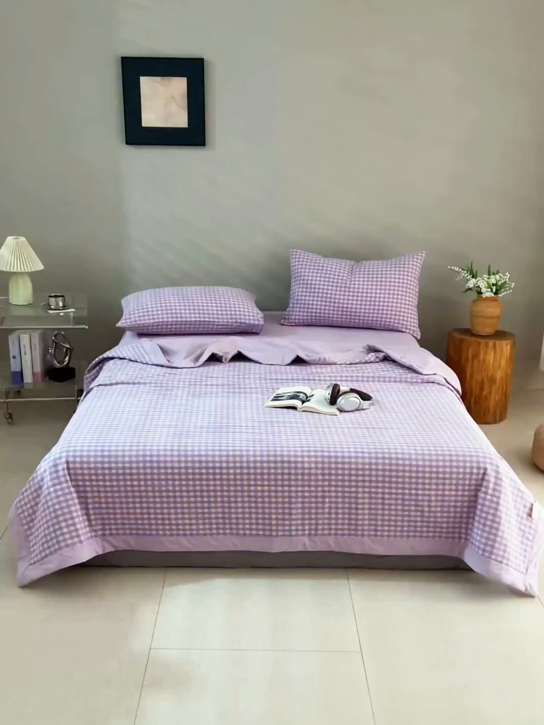 91家纺网 家纺一手货源 找家纺 天瑜家纺 2025新款色织全棉水洗棉棉花夏被 粉紫小格