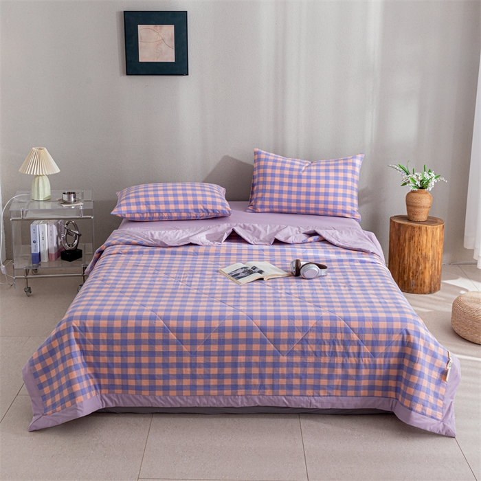 91家纺网 家纺一手货源 找家纺 天瑜家纺 2025新款色织全棉水洗棉棉花夏被 粉紫中格