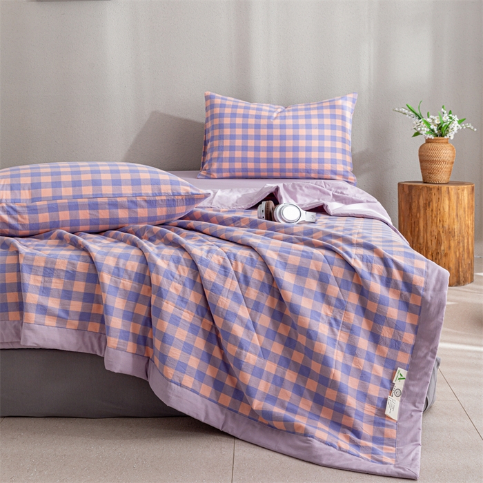 91家纺网 家纺一手货源 找家纺 天瑜家纺 2025新款色织全棉水洗棉棉花夏被 粉紫中格