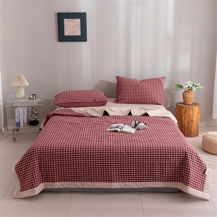 91家纺网 家纺一手货源 找家纺 天瑜家纺 2025新款色织全棉水洗棉棉花夏被 红咖小格