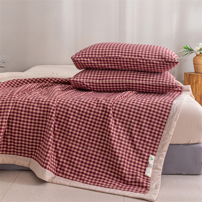 91家纺网 家纺一手货源 找家纺 天瑜家纺 2025新款色织全棉水洗棉棉花夏被 红咖小格