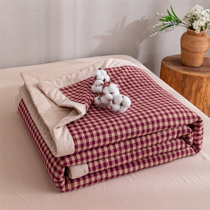 91家纺网 家纺一手货源 找家纺 天瑜家纺 2025新款色织全棉水洗棉棉花夏被 红咖小格
