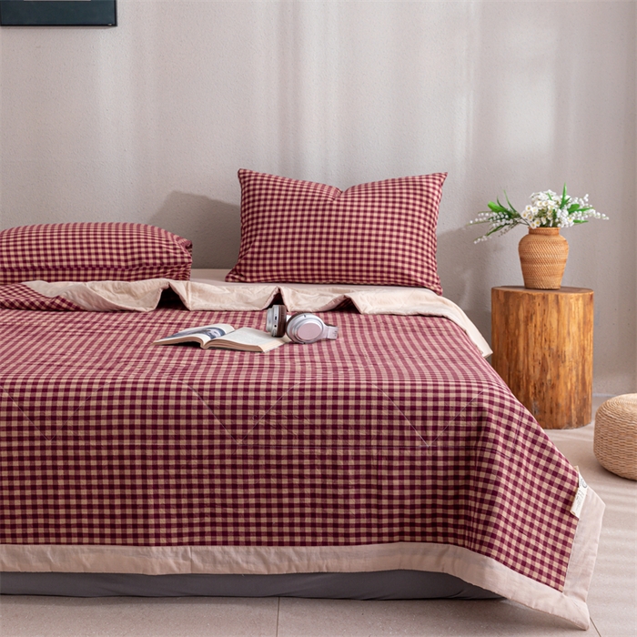 91家纺网 家纺一手货源 找家纺 天瑜家纺 2025新款色织全棉水洗棉棉花夏被 红咖小格