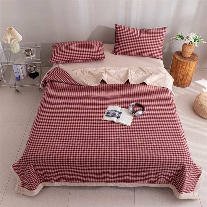 91家纺网 家纺一手货源 找家纺 天瑜家纺 2025新款色织全棉水洗棉棉花夏被 红咖小格