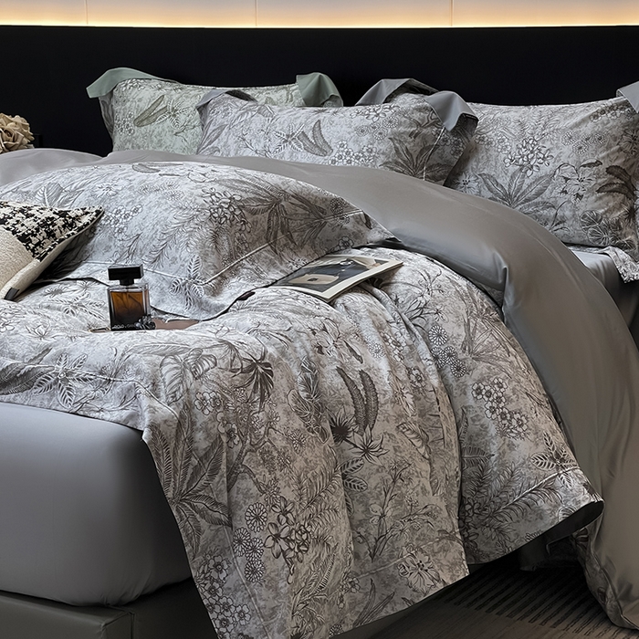 91家纺网 家纺一手货源 找家纺  2025新品A类100支天丝棉夹棉床盖床笠四件套全棉床单夏季轻奢真丝高端床上用品 丽芙-灰