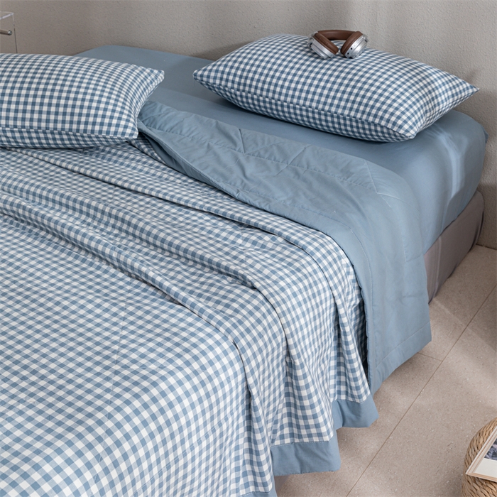 91家纺网 家纺一手货源 找家纺 天瑜家纺 2025新款色织全棉水洗棉棉花夏被 蓝小格