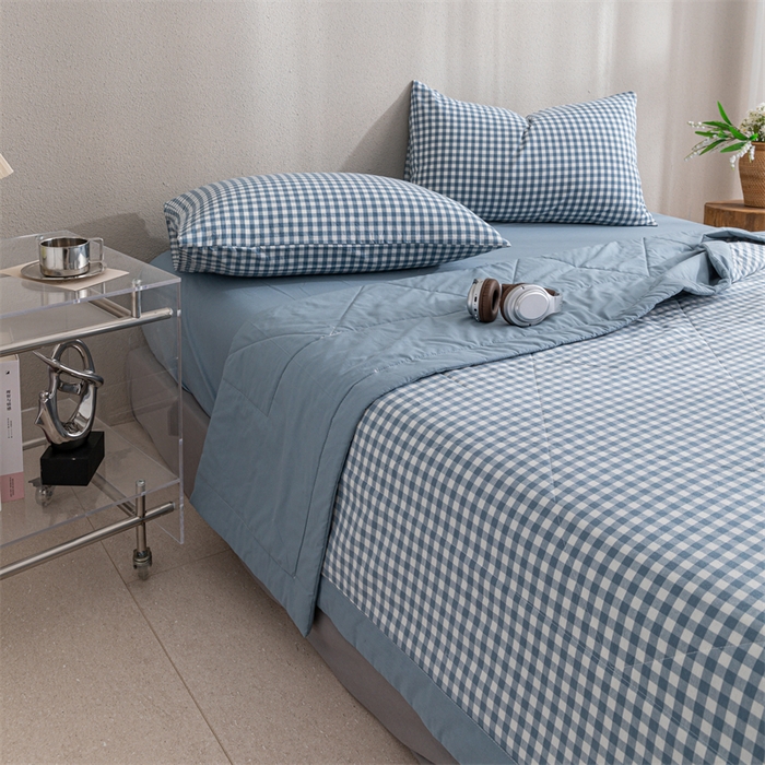 91家纺网 家纺一手货源 找家纺 天瑜家纺 2025新款色织全棉水洗棉棉花夏被 蓝小格