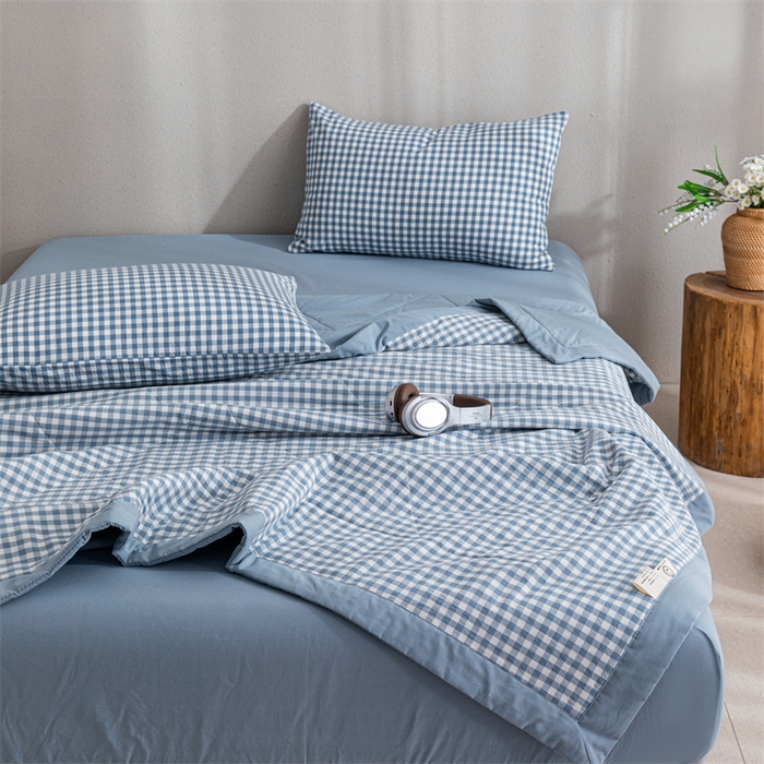 91家纺网 家纺一手货源 找家纺 天瑜家纺 2025新款色织全棉水洗棉棉花夏被 蓝小格