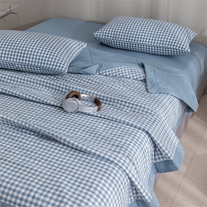 91家纺网 家纺一手货源 找家纺 天瑜家纺 2025新款色织全棉水洗棉棉花夏被 蓝小格