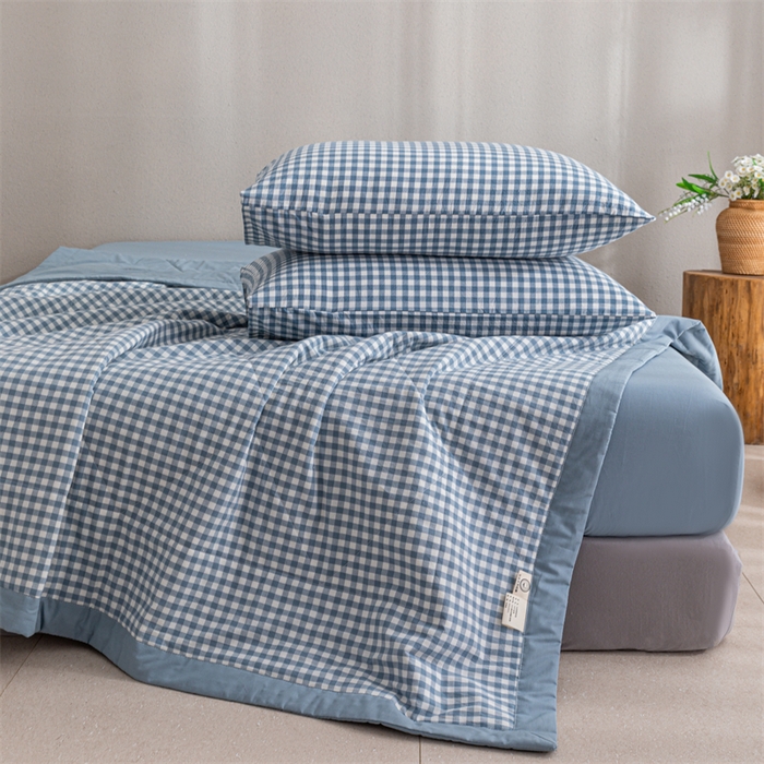 91家纺网 家纺一手货源 找家纺 天瑜家纺 2025新款色织全棉水洗棉棉花夏被 蓝小格