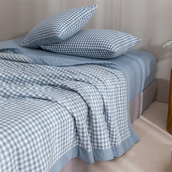 91家纺网 家纺一手货源 找家纺 天瑜家纺 2025新款色织全棉水洗棉棉花夏被 蓝小格