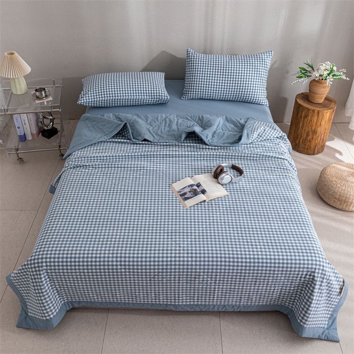 91家纺网 家纺一手货源 找家纺 天瑜家纺 2025新款色织全棉水洗棉棉花夏被 蓝小格