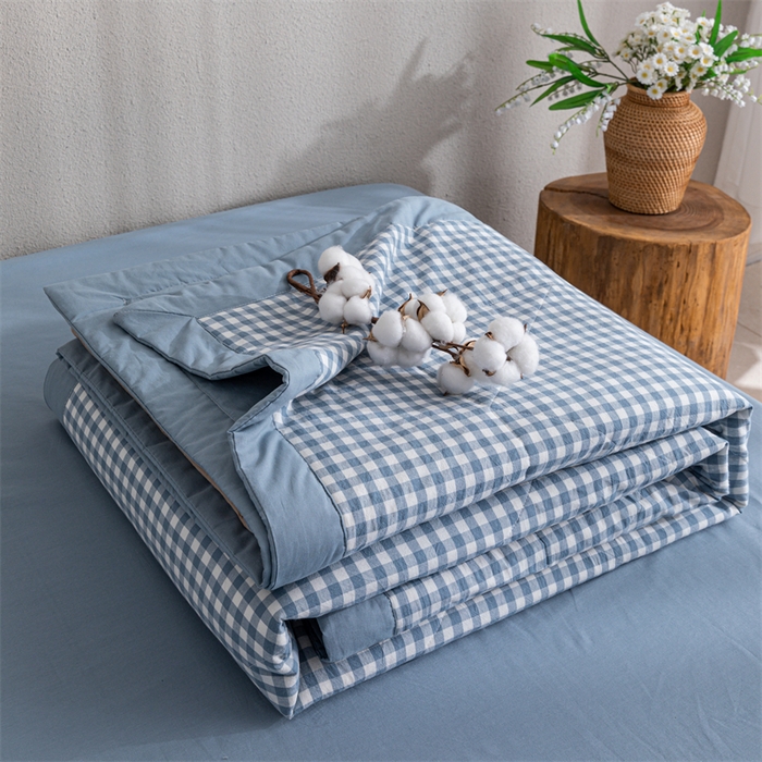 91家纺网 家纺一手货源 找家纺 天瑜家纺 2025新款色织全棉水洗棉棉花夏被 蓝小格