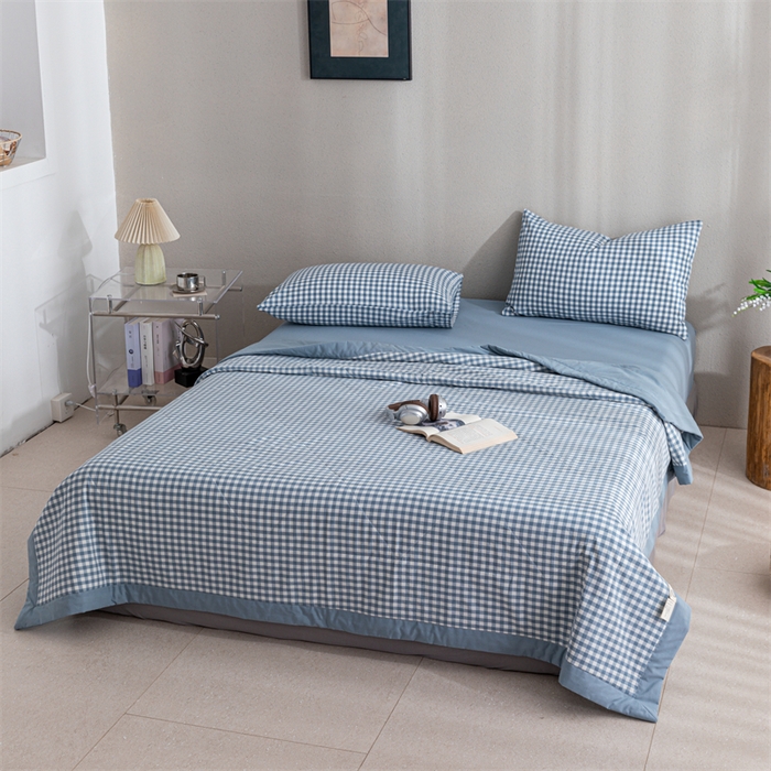 91家纺网 家纺一手货源 找家纺 天瑜家纺 2025新款色织全棉水洗棉棉花夏被 蓝小格