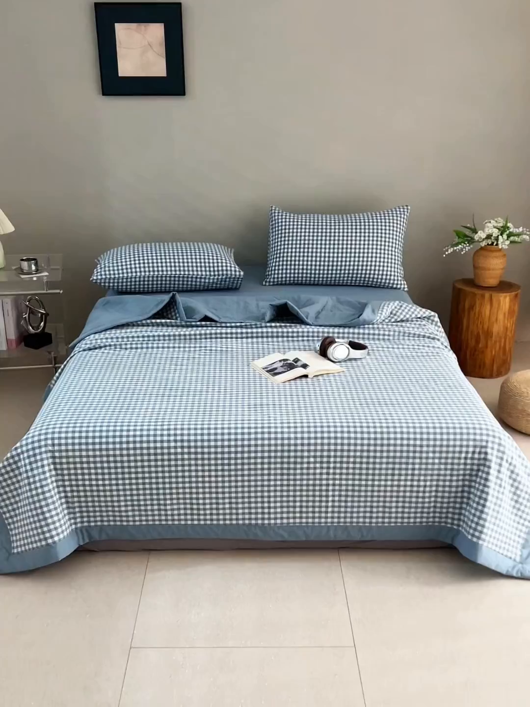 91家纺网 家纺一手货源 找家纺 天瑜家纺 2025新款色织全棉水洗棉棉花夏被 蓝小格