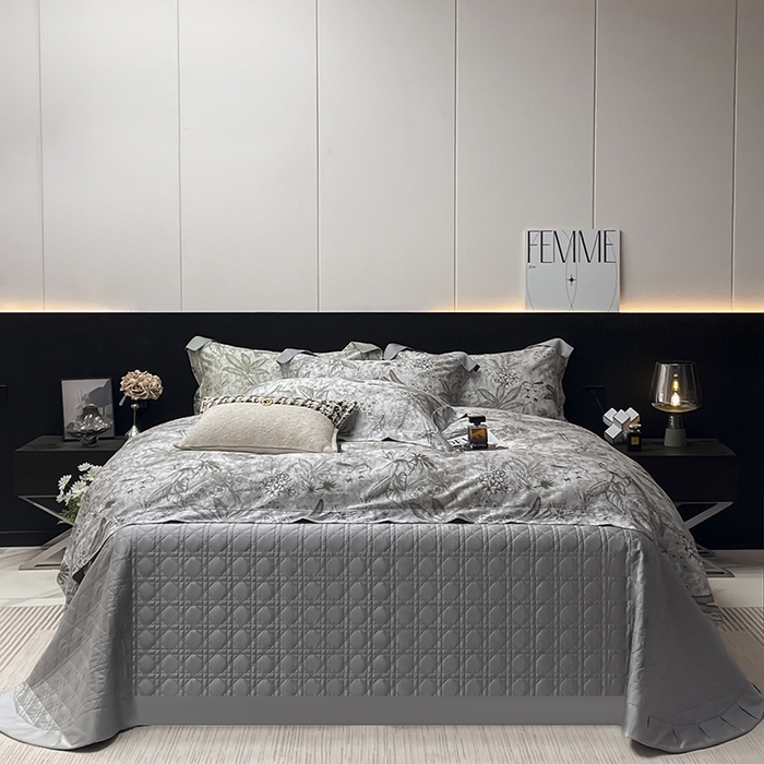 91家纺网 家纺一手货源 找家纺  2025新品A类100支天丝棉夹棉床盖床笠四件套全棉床单夏季轻奢真丝高端床上用品 丽芙-灰