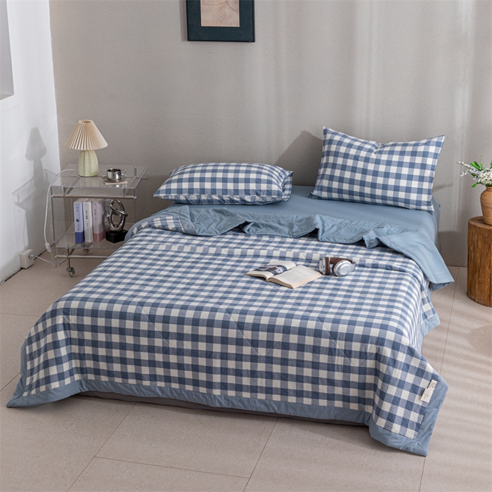 91家纺网 家纺一手货源 找家纺 天瑜家纺 2025新款色织全棉水洗棉棉花夏被 蓝中格