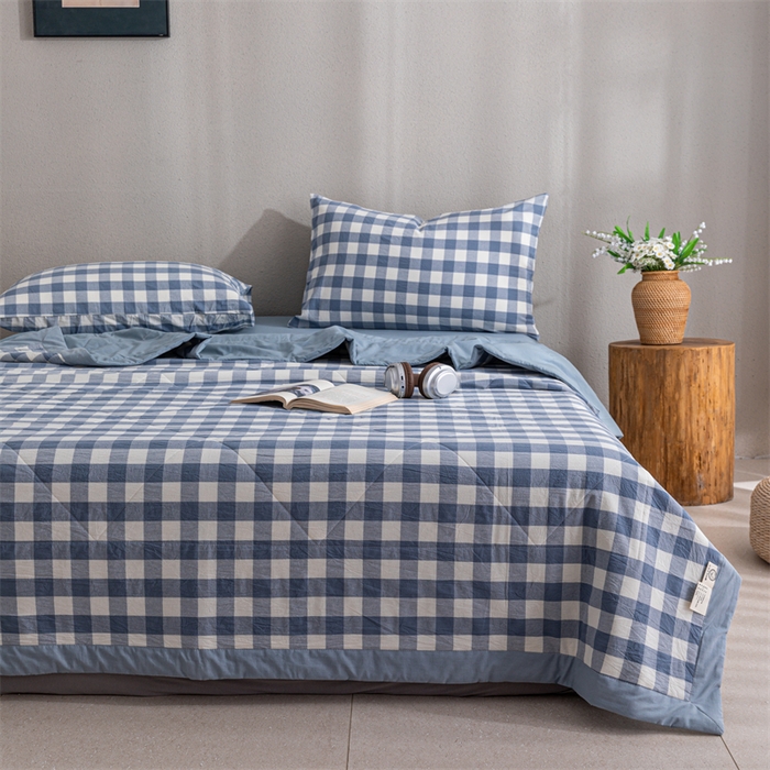 91家纺网 家纺一手货源 找家纺 天瑜家纺 2025新款色织全棉水洗棉棉花夏被 蓝中格