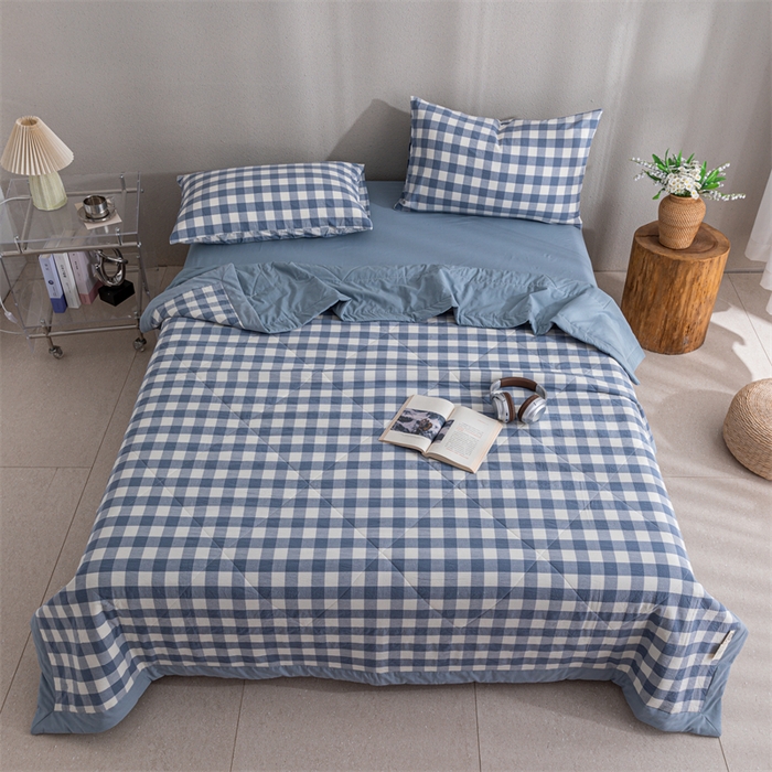 91家纺网 家纺一手货源 找家纺 天瑜家纺 2025新款色织全棉水洗棉棉花夏被 蓝中格