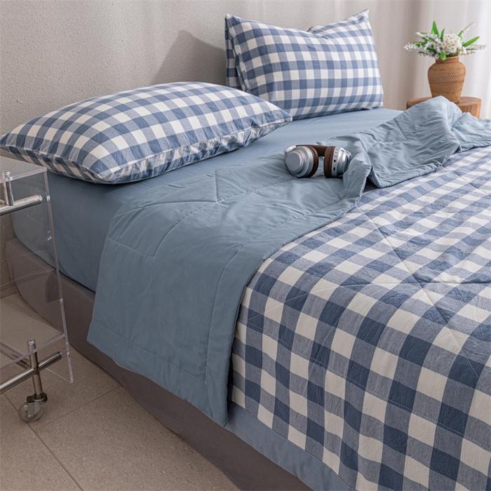 91家纺网 家纺一手货源 找家纺 天瑜家纺 2025新款色织全棉水洗棉棉花夏被 蓝中格