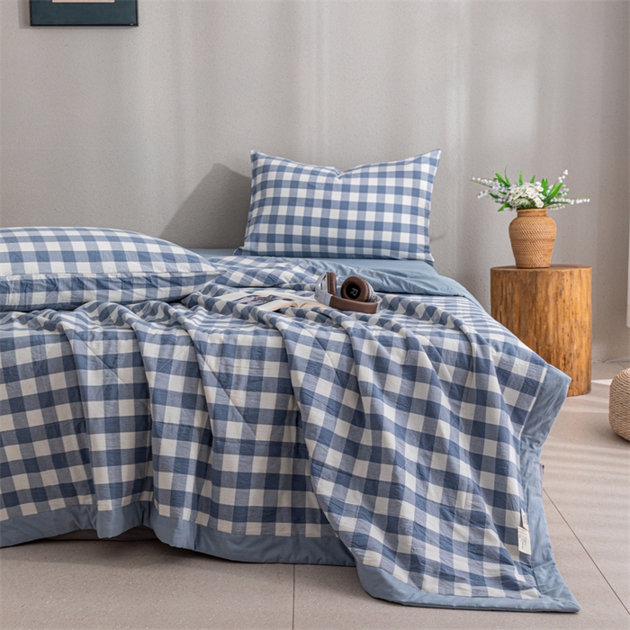 91家纺网 家纺一手货源 找家纺 天瑜家纺 2025新款色织全棉水洗棉棉花夏被 蓝中格