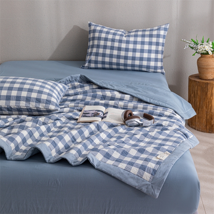 91家纺网 家纺一手货源 找家纺 天瑜家纺 2025新款色织全棉水洗棉棉花夏被 蓝中格