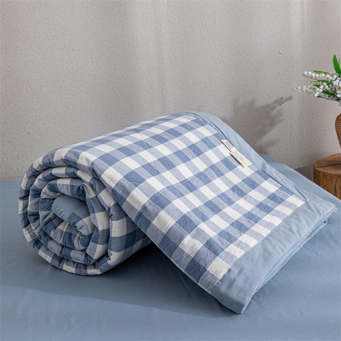 91家纺网 家纺一手货源 找家纺 天瑜家纺 2025新款色织全棉水洗棉棉花夏被 蓝中格