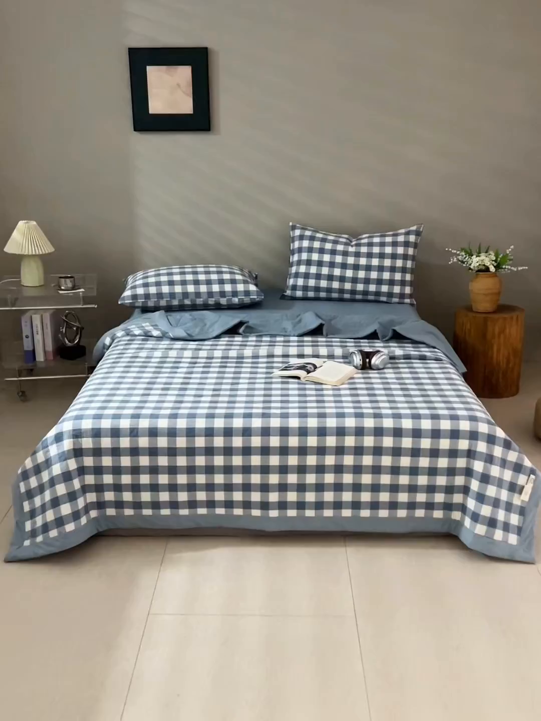 91家纺网 家纺一手货源 找家纺 天瑜家纺 2025新款色织全棉水洗棉棉花夏被 蓝中格