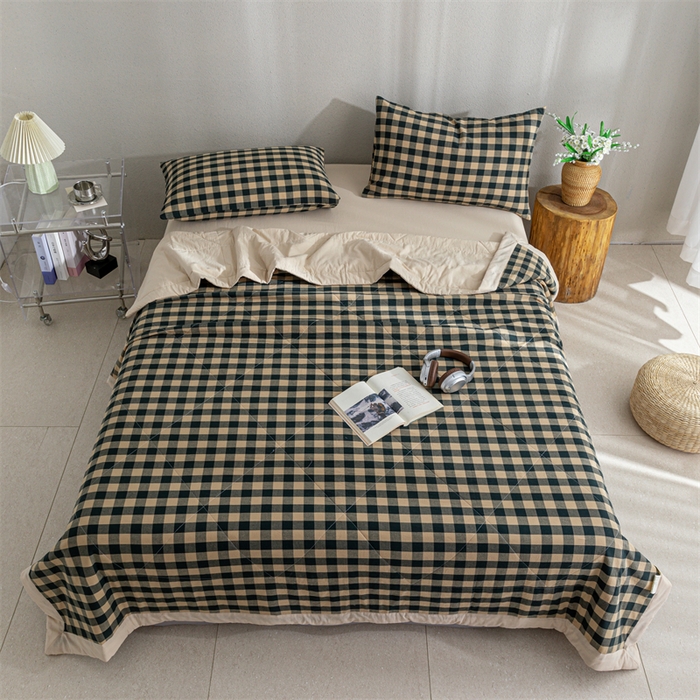 91家纺网 家纺一手货源 找家纺 天瑜家纺 2025新款色织全棉水洗棉棉花夏被 绿咖中格