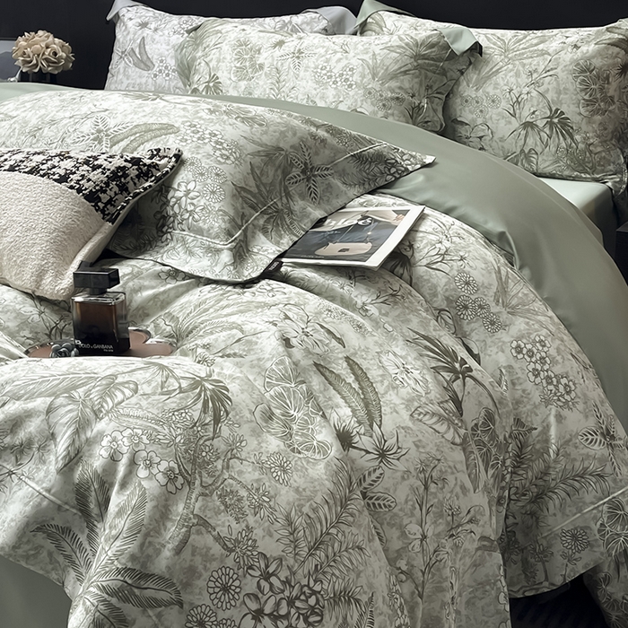 91家纺网 家纺一手货源 找家纺  2025新品A类100支天丝棉夹棉床盖床笠四件套全棉床单夏季轻奢真丝高端床上用品 丽芙-绿