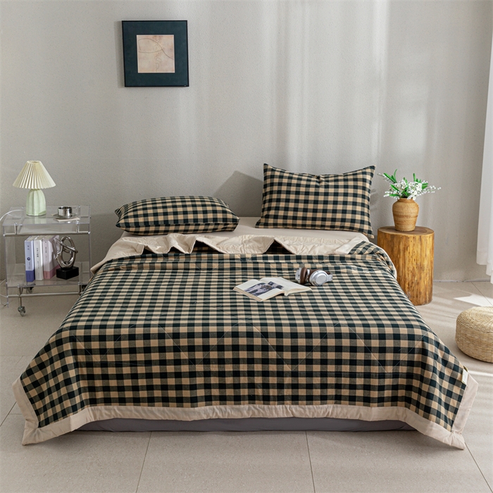 91家纺网 家纺一手货源 找家纺 天瑜家纺 2025新款色织全棉水洗棉棉花夏被 绿咖中格