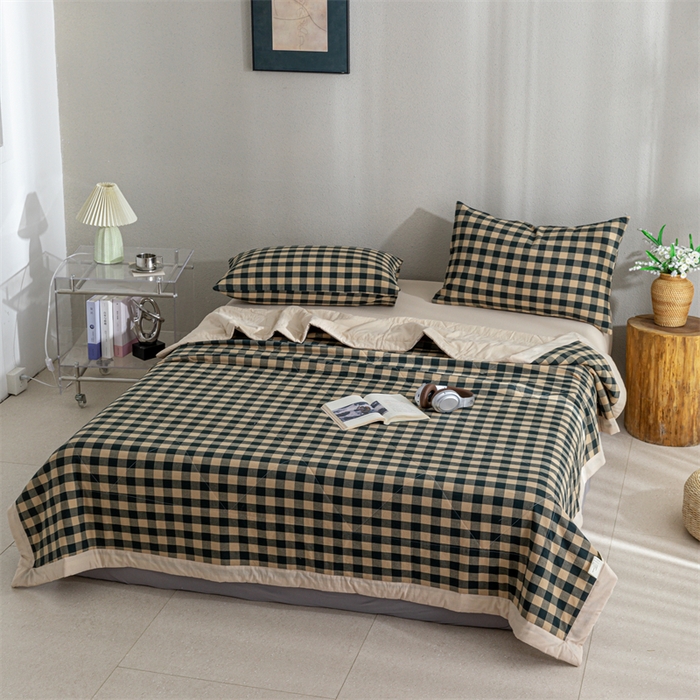 91家纺网 家纺一手货源 找家纺 天瑜家纺 2025新款色织全棉水洗棉棉花夏被 绿咖中格